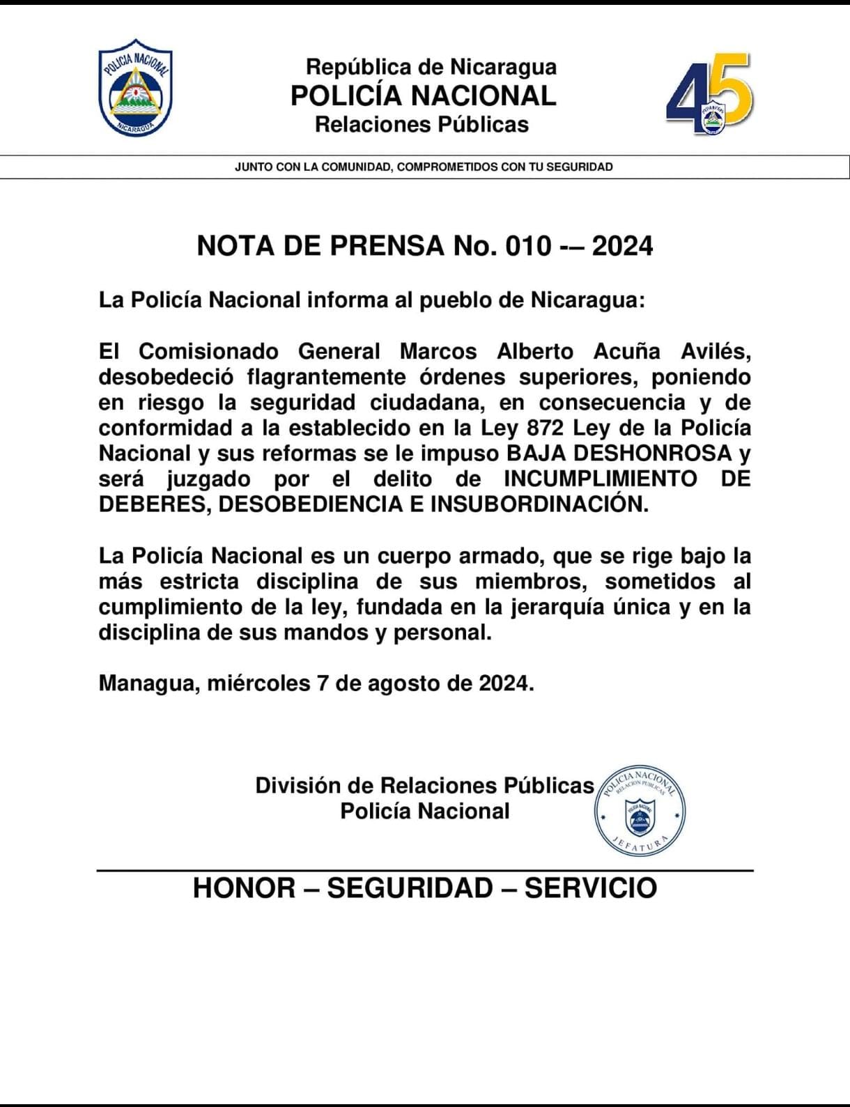 Baja deshonrosa y enjuiciamiento al Comisionado General Marcos Alberto Acuña Avilés
